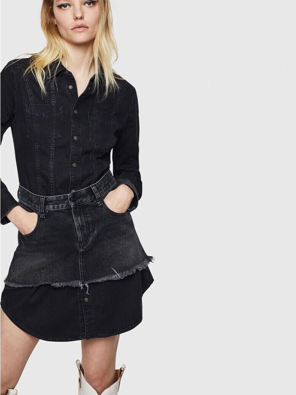 Washed Black Diesel Denim Shirt Dress